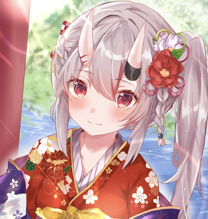 1girl, absurdres, alternate_costume, blurry, braid, day, depth_of_field, floral_print