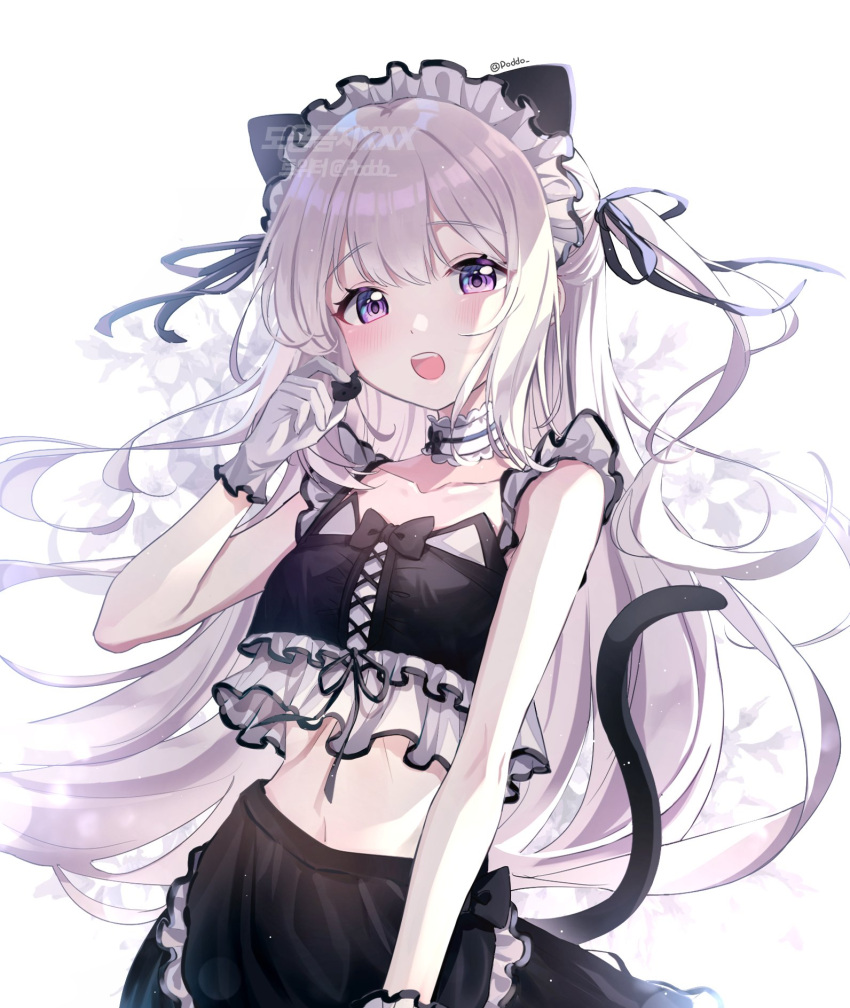 1girl, :d, animal_ears, apron, arm_at_side, bangs, bare_arms, bare_shoulders