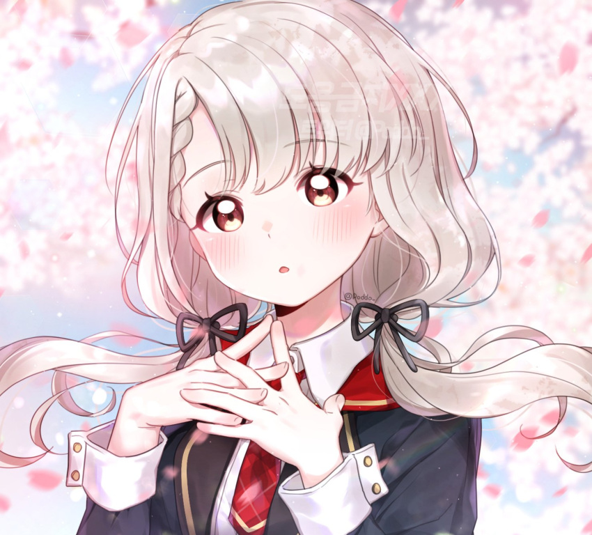 1girl, :o, bangs, black_jacket, black_ribbon, blurry, blurry_background, blush