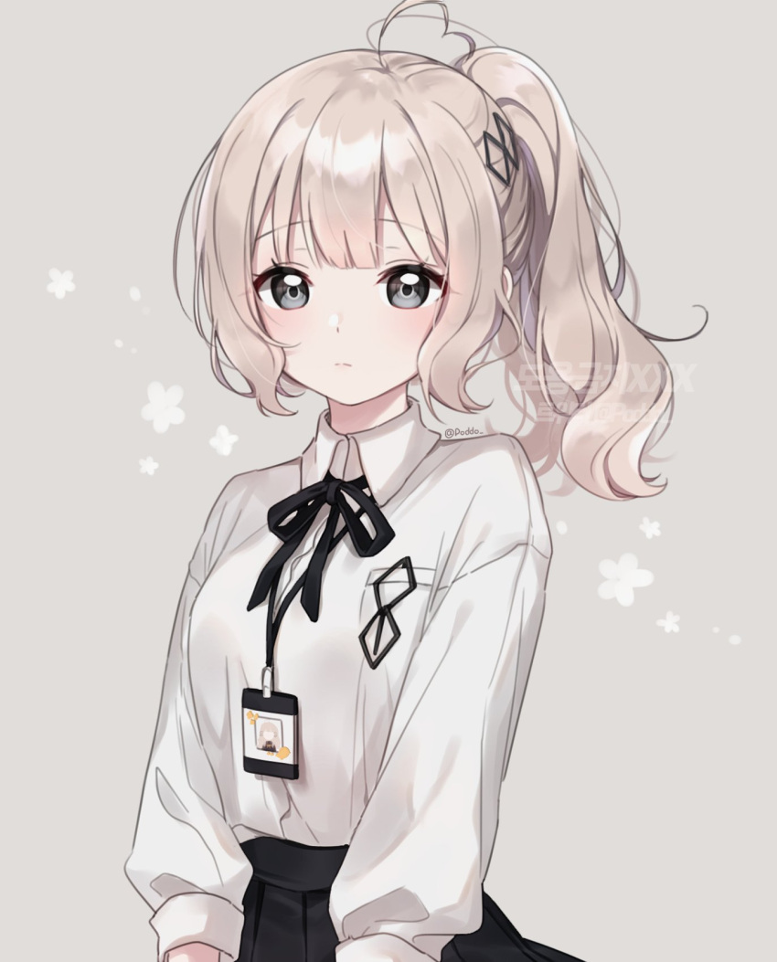 1girl, ahoge, bangs, black_ribbon, black_skirt, blonde_hair, breast_pocket, breasts