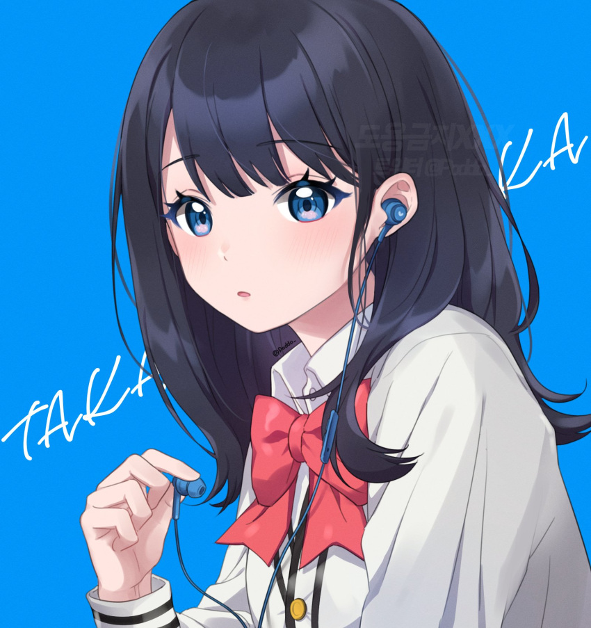 1girl, arm_at_side, bangs, black_hair, blue_background, blue_eyes, blush, bow, bowtie, cardigan, character_name, collared_shirt, commentary_request, earphones, face, hand_up, highres, holding, holding_earphones, long_hair, long_sleeves, looking_at_viewer, open_mouth, poddo_(potto), portrait, red_bow, shirt, simple_background, solo, ssss.gridman, takarada_rikka, upper_body, watermark, white_shirt