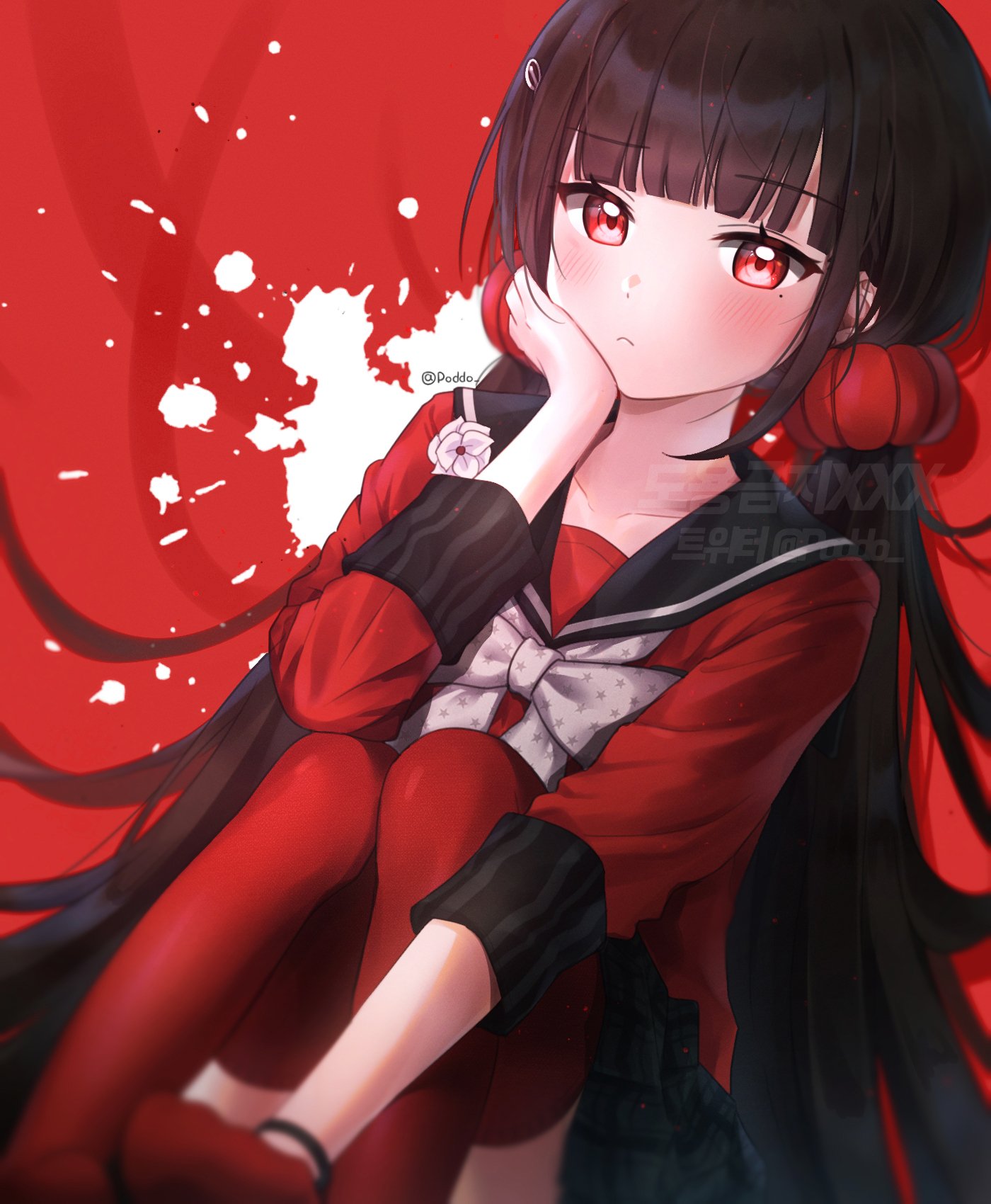 1girl, artist_name, bangs, black_hair, black_skirt, blunt_bangs, blurry_foreground, blush