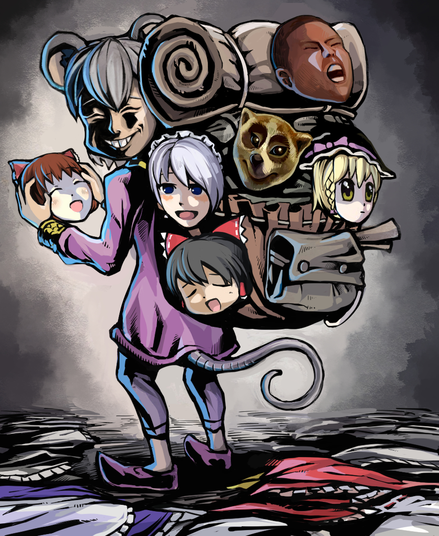 1girl, :d, akurahi, backpack, bag, bangs, black_hair, blonde_hair