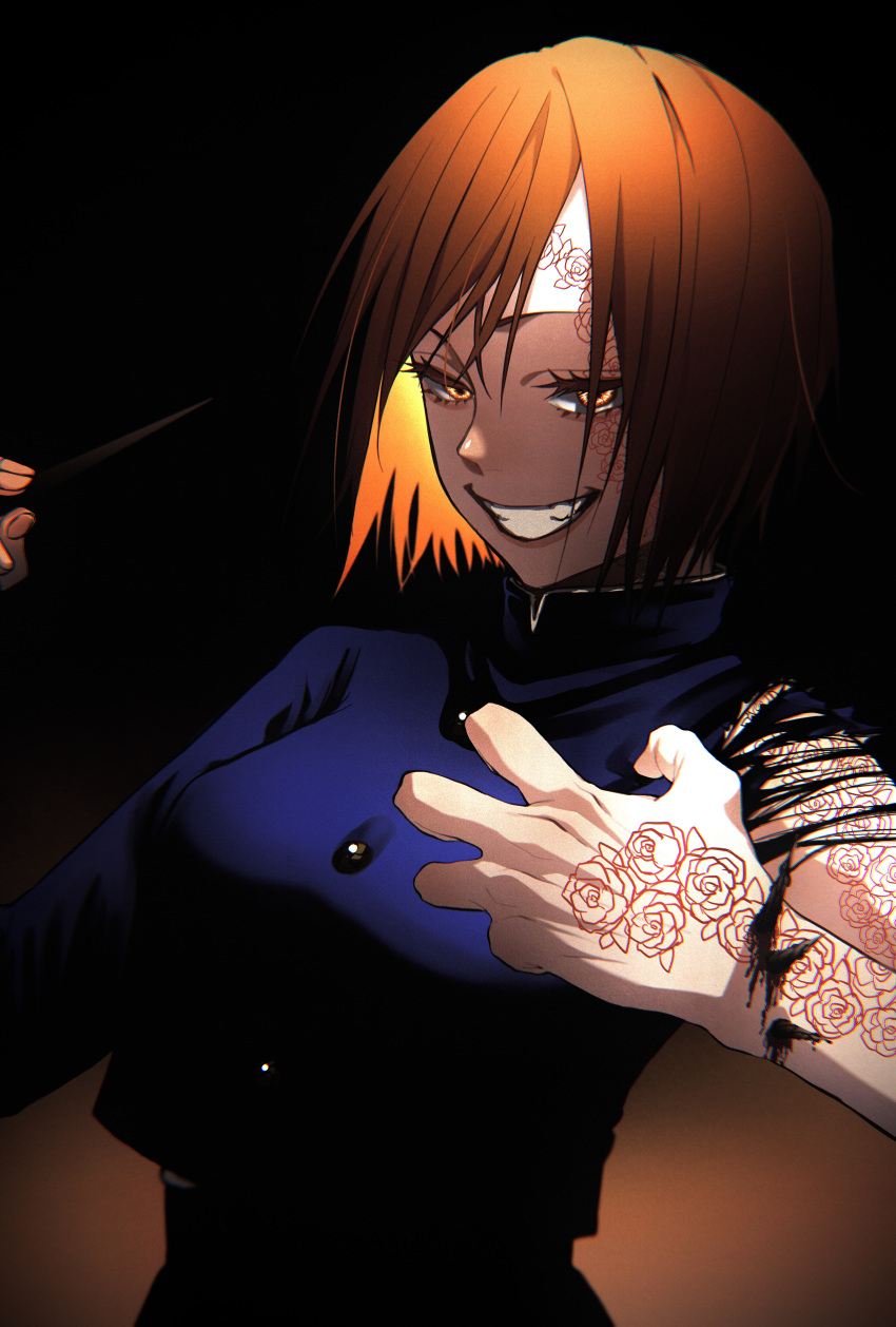 1girl, absurdres, eyelashes, grin, highres, holding, holding_nail, huge_filesize