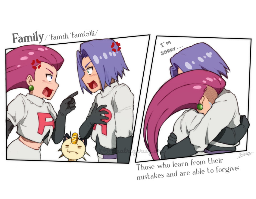 1boy, 1girl, arguing, cruz02art, gen_1_pokemon, highres, hug, james_(pokemon), jessie_(pokemon), meowth, pokemon, pokemon_(anime), pokemon_(creature), team_rocket
