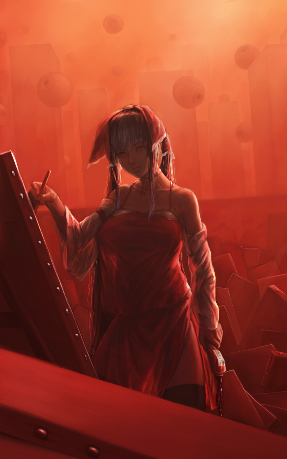 1girl, bangs, black_hair, black_legwear, blood, bow, breasts, building