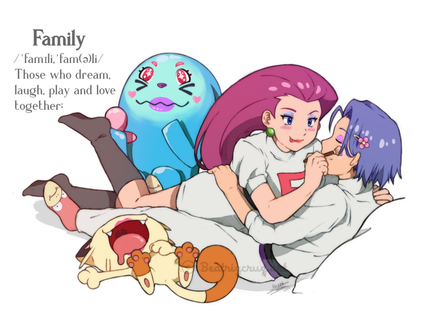 1boy, 1girl, blush, cruz02art, gen_1_pokemon, gen_2_pokemon, highres, james_(pokemon)
