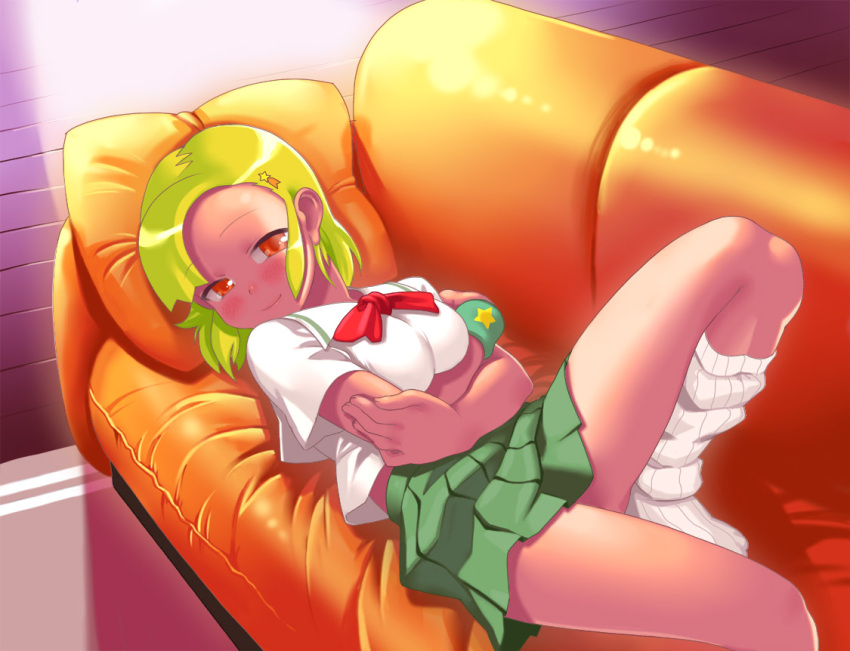 blonde_hair, blush, breast_squeeze, breasts, dark_skin, keroro_gunsou, kogal, loose_socks