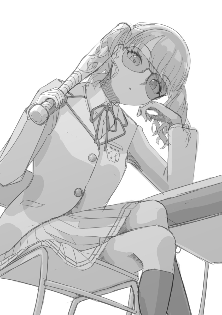 1girl, baseball_bat, blazer, chair, commentary_request, crossed_legs, desk, fukumaru_koito