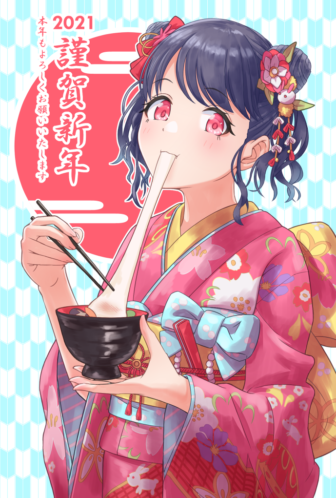 1girl, black_hair, bunny_hair_ornament, commentary_request, double_bun, eating, fangs, flower