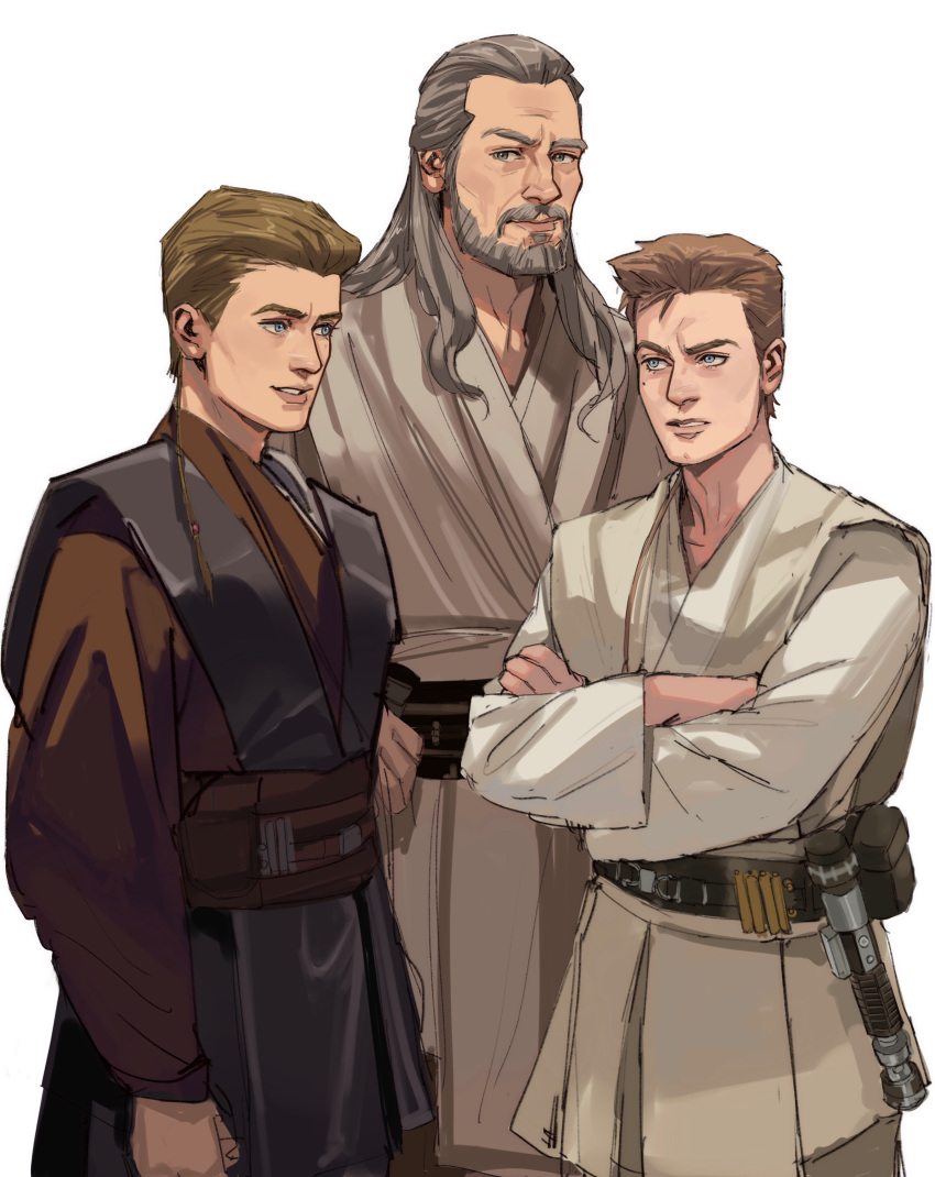 3boys, absurdres, anakin_skywalker, beard, belt, blue_eyes, braid, brown_hair
