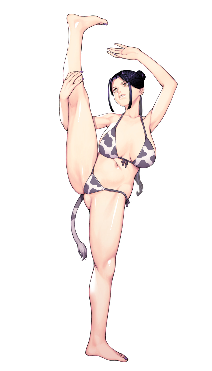 1girl, absurdres, animal_print, armpits, ass, barefoot, bikini, black_hair