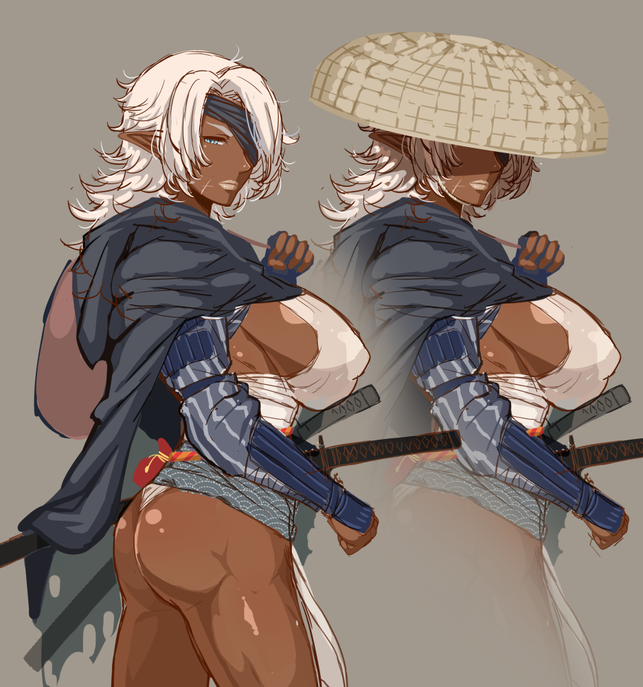 1girl, ass, bandages, blue_eyes, breasts, covered_nipples, dark_elf, dark_skin
