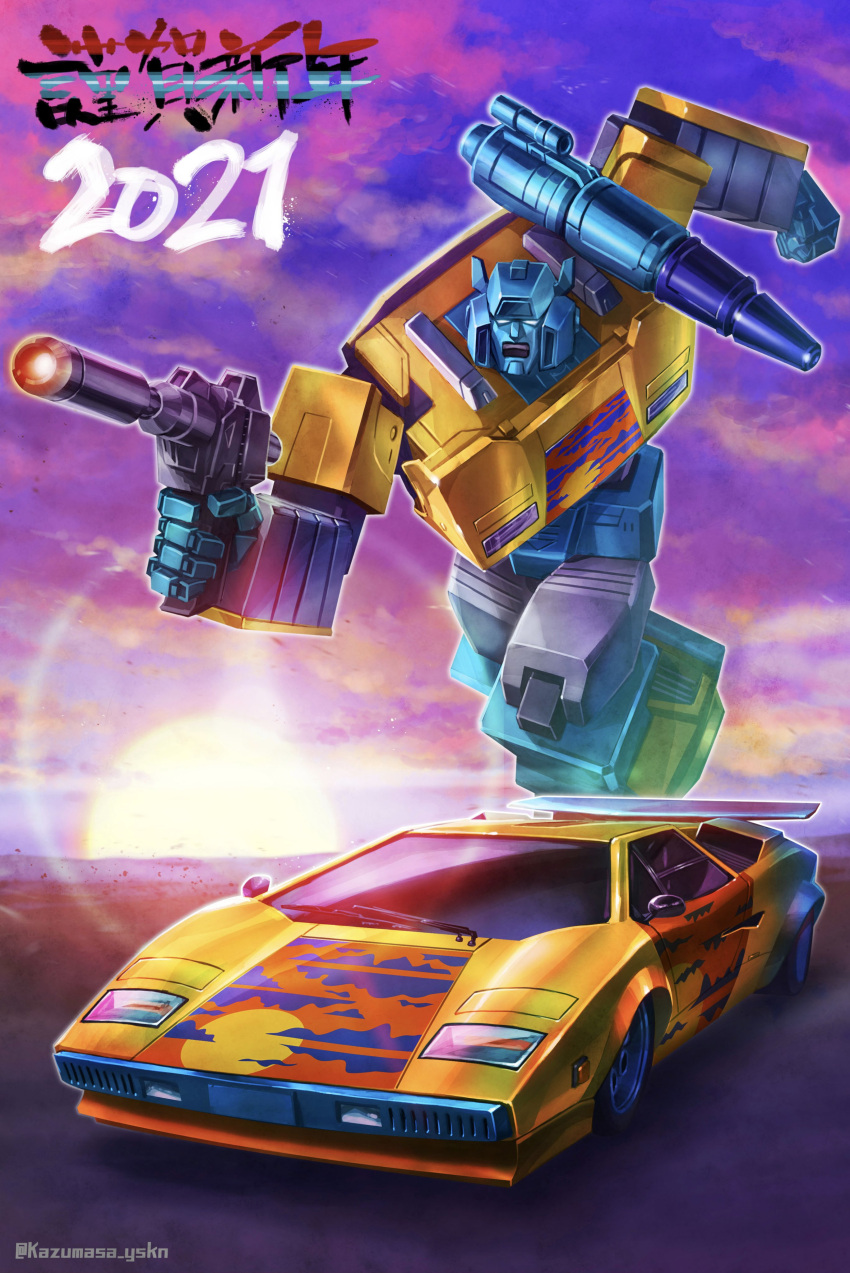 absurdres, alternate_color, artist_name, autobot, blue_eyes, car, chinese_zodiac, clenched_hand, ground_vehicle, gun, happy_new_year, highres, holding, holding_gun, holding_weapon, lamborghini, lamborghini_countach, mecha, motor_vehicle, new_year, no_humans, open_mouth, running, science_fiction, shoulder_cannon, sideswipe, transformers, weapon, yasukuni_kazumasa, year_of_the_ox