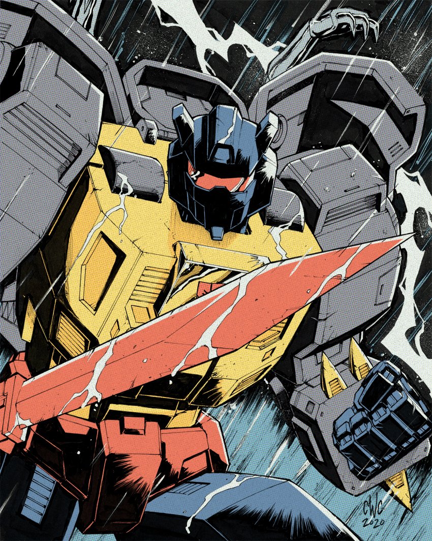 1980s_(style), 1boy, autobot, casey_w._coller, clenched_hand, english_commentary, grimlock, holding, holding_sword, holding_weapon, insignia, looking_at_viewer, mecha, no_humans, retro_artstyle, solo, sword, transformers, visor, weapon