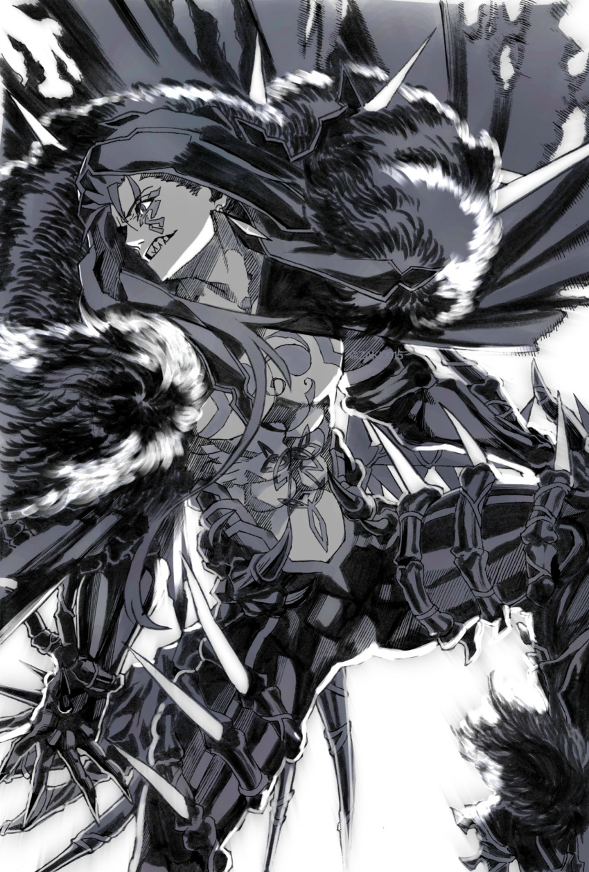 1boy, abs, bodypaint, cape, claws, closed_mouth, cu_chulainn_(fate)_(all), cu_chulainn_(fate/grand_order)