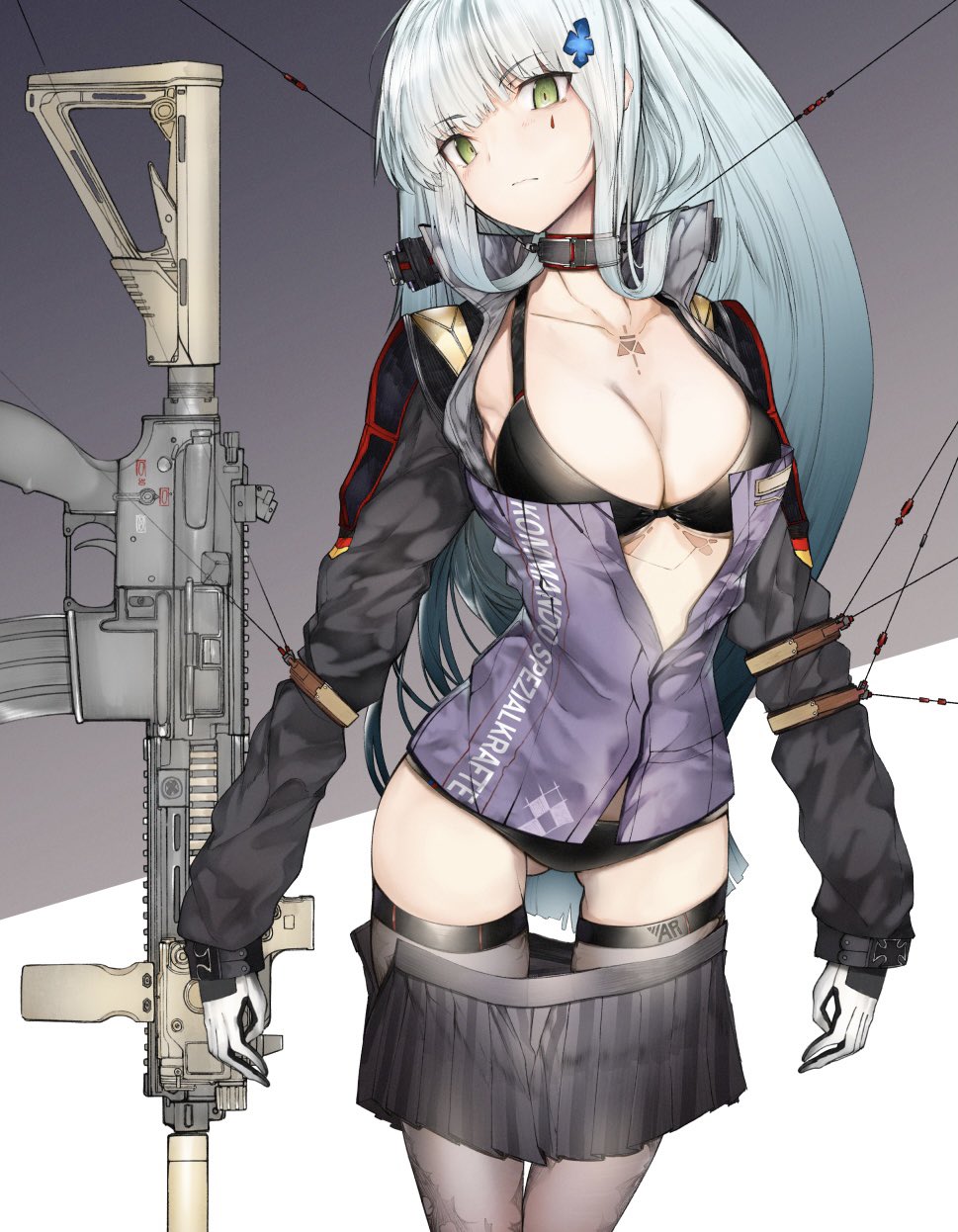 assault_rifle, black_legwear, bra, breasts, collar, cross_hair_ornament, ekuesu, facial_mark