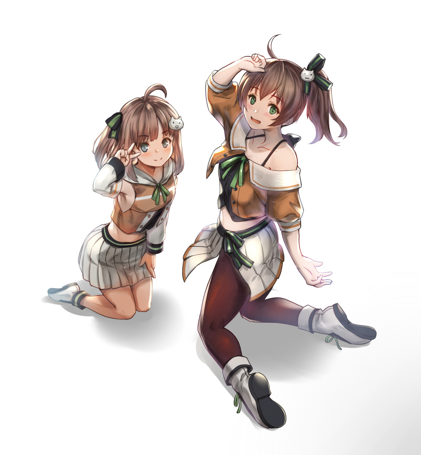 2girls, absurdres, ahoge, ankle_boots, arm_over_head, boots, brown_legwear, cat_hair_ornament