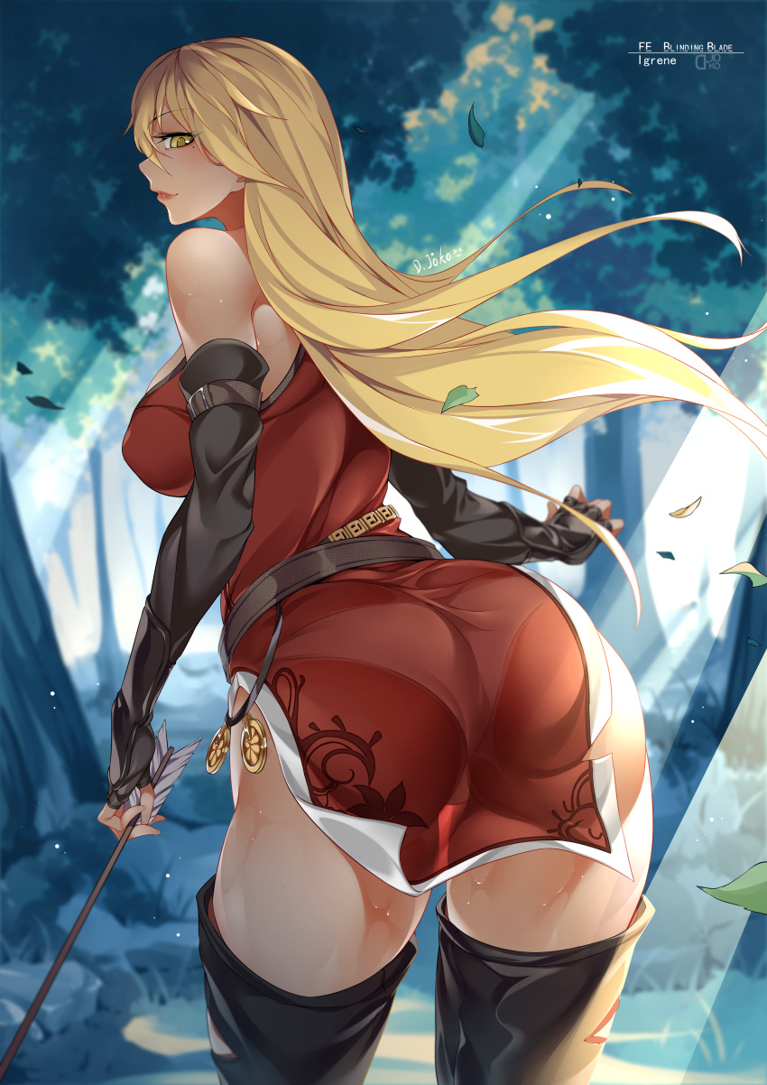 1girl, absurdres, arrow_(projectile), artist_name, ass, bare_shoulders, black_legwear, blonde_hair, character_name, commission, copyright_name, d._joko, dark_skin, dress, fire_emblem, fire_emblem:_the_binding_blade, forest, highres, igrene_(fire_emblem), leaf, long_hair, looking_at_viewer, looking_back, mole, mole_under_eye, nature, outdoors, panties, pantylines, red_dress, short_dress, side_slit, smile, solo, tan, underwear, white_panties, yellow_eyes