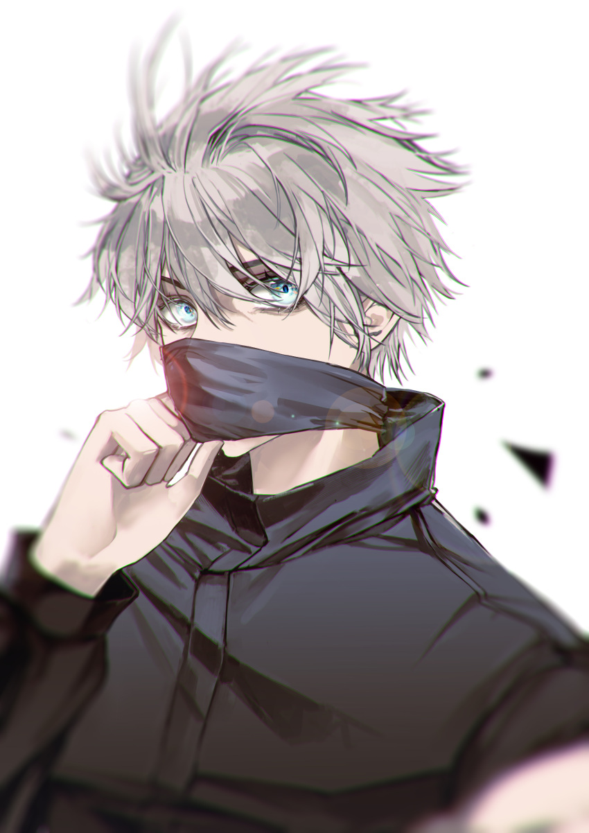 1boy, absurdres, bangs, black_jacket, blindfold, blindfold_down, blue_eyes, covered_mouth