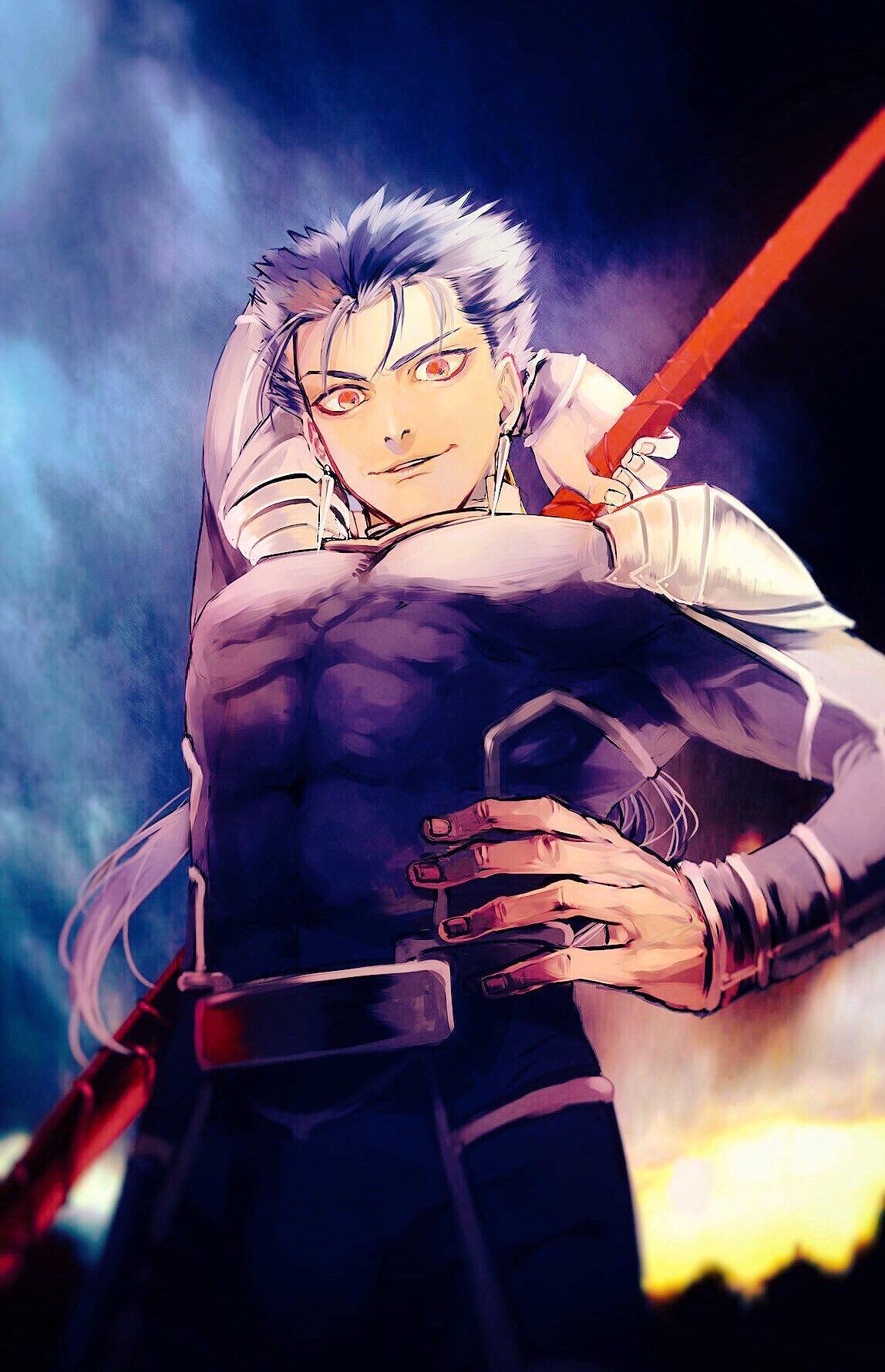 1boy, arm_behind_head, armor, blue_hair, bodysuit, closed_mouth, cu_chulainn_(fate)_(all), earrings