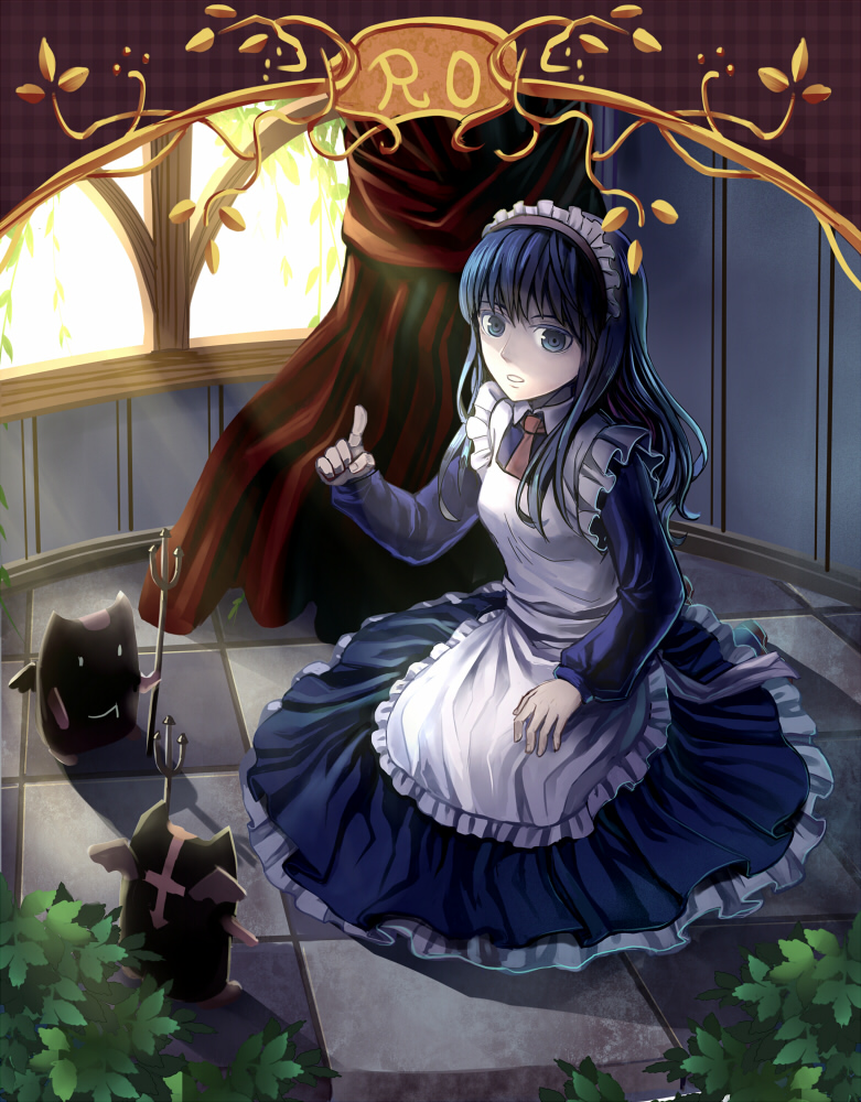 1girl, alice_(ragnarok_online), apron, bangs, blue_dress, blue_eyes, blue_hair, bush, commentary, curtains, day, demon, demon_wings, deviruchi, dot_pupils, dress, empty_eyes, frilled_apron, frilled_dress, frills, ftf, full_body, index_finger_raised, indoors, kneeling, light_rays, long_hair, long_sleeves, looking_at_viewer, maid, maid_apron, maid_headdress, necktie, parted_lips, pitchfork, ragnarok_online, red_neckwear, solo_focus, sunbeam, sunlight, tile_floor, tiles, white_apron, window, wings