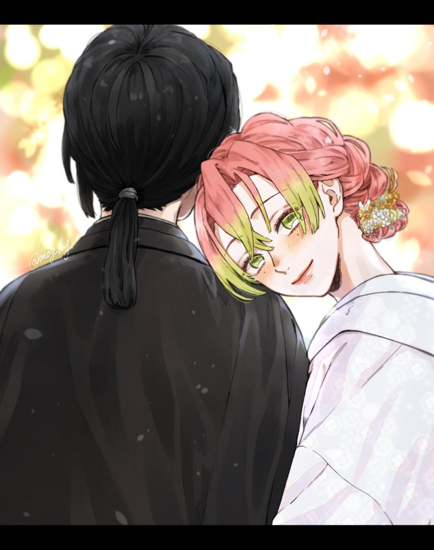 1boy, 1girl, black_border, black_hair, black_kimono, blush, border, closed_mouth, couple, facing_away, flower, from_behind, green_eyes, green_hair, hair_flower, hair_ornament, hetero, highres, iguro_obanai, japanese_clothes, kanroji_mitsuri, kimetsu_no_yaiba, kimono, letterboxed, long_hair, looking_at_viewer, low_ponytail, mog_ky, mole, mole_under_eye, multicolored_hair, pink_hair, ponytail, smile, two-tone_hair, upper_body, white_kimono