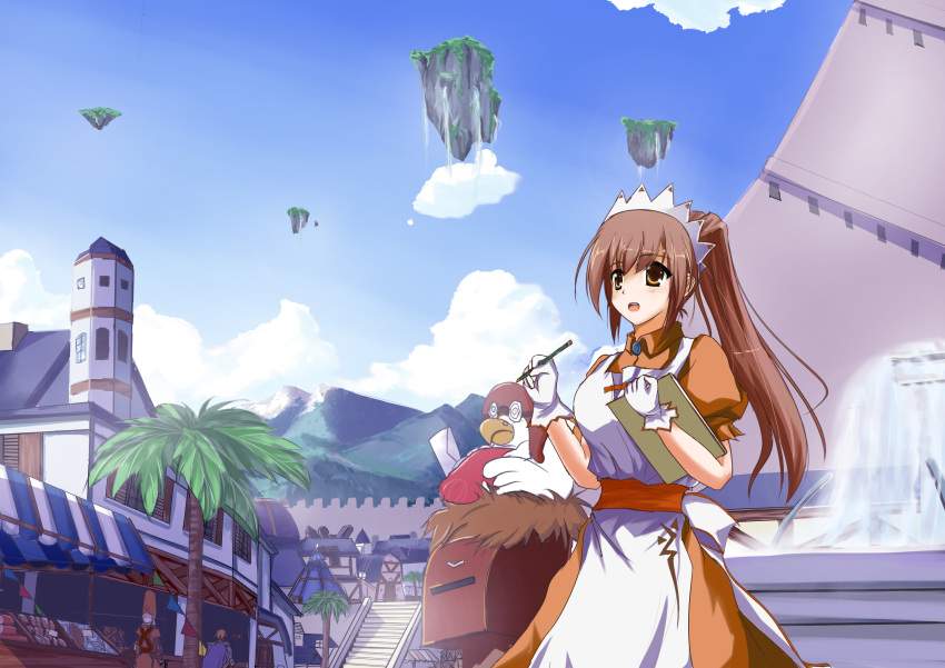 1boy, 2girls, absurdres, apron, armor, bangs, bird, bird_nest