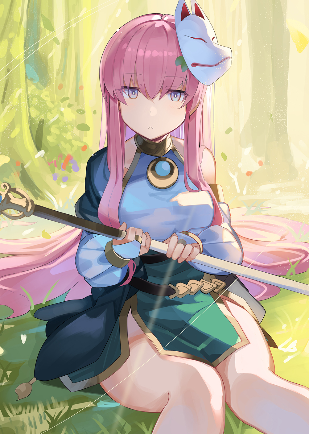 1girl, :<, absurdly_long_hair, bangs, bare_legs, bare_shoulders, blue_eyes, blush, bridal_gauntlets, bright_pupils, closed_mouth, cosplay, day, detached_sleeves, dress, eyebrows_visible_through_hair, feet_out_of_frame, forest, fox_mask, grass, hair_spread_out, hata_no_kokoro, highres, holding, holding_staff, jitome, knees_together_feet_apart, kokkoro_(princess_connect!), kokkoro_(princess_connect!)_(cosplay), long_hair, looking_at_viewer, mask, mask_on_head, multicolored, multicolored_eyes, nature, no_panties, on_ground, outdoors, petals, pink_hair, polearm, princess_connect!, princess_connect!_re:dive, rin_falcon, sidelocks, sitting, sleeveless, sleeveless_dress, solo, staff, thighs, touhou, very_long_hair, weapon, white_pupils