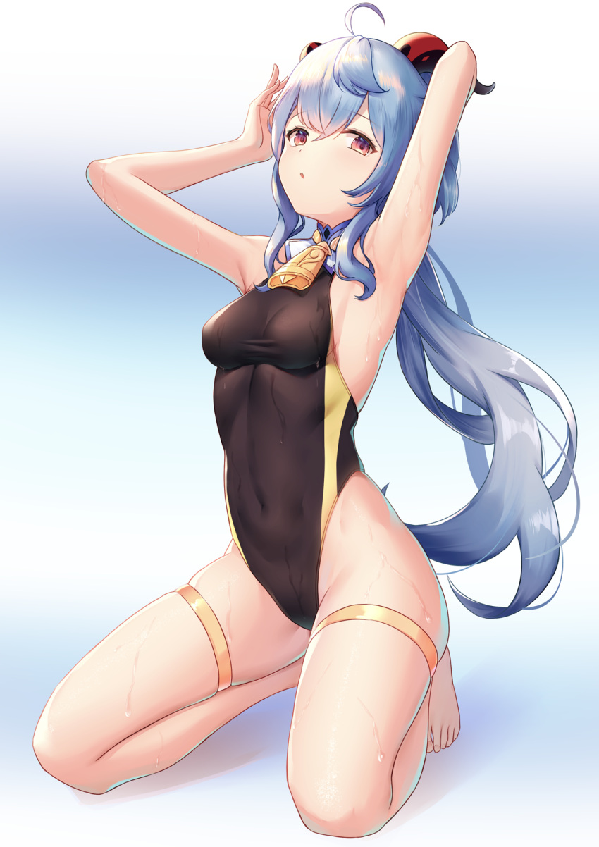 1girl, ahoge, airool, armpits, arms_up, bare_arms, bare_shoulders, barefoot