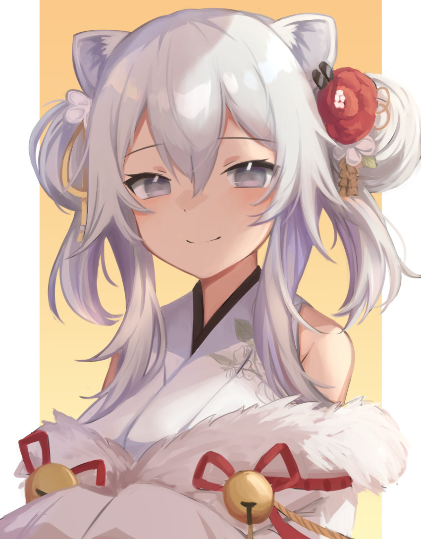 1girl, absurdres, ahoge, animal_ears, bare_shoulders, blush, breasts, fur_trim, grey_eyes, grey_hair, hair_between_eyes, highres, hololive, jewelry, kimi, klaius, lion_ears, lion_girl, long_hair, looking_at_viewer, shishiro_botan, smile, solo, virtual_youtuber