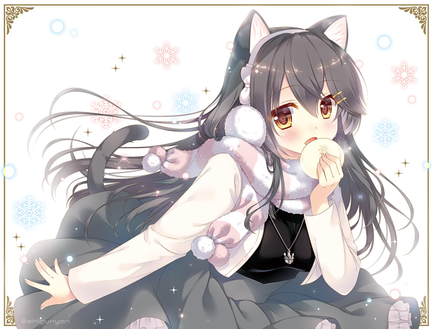 1girl, :d, alternate_costume, baozi, black_shirt, breasts, brown_eyes, cat_hair