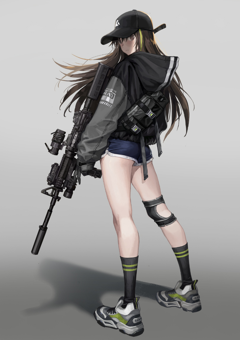 1girl, ass, assault_rifle, baseball_cap, black_gloves, black_headwear, black_jacket, black_legwear