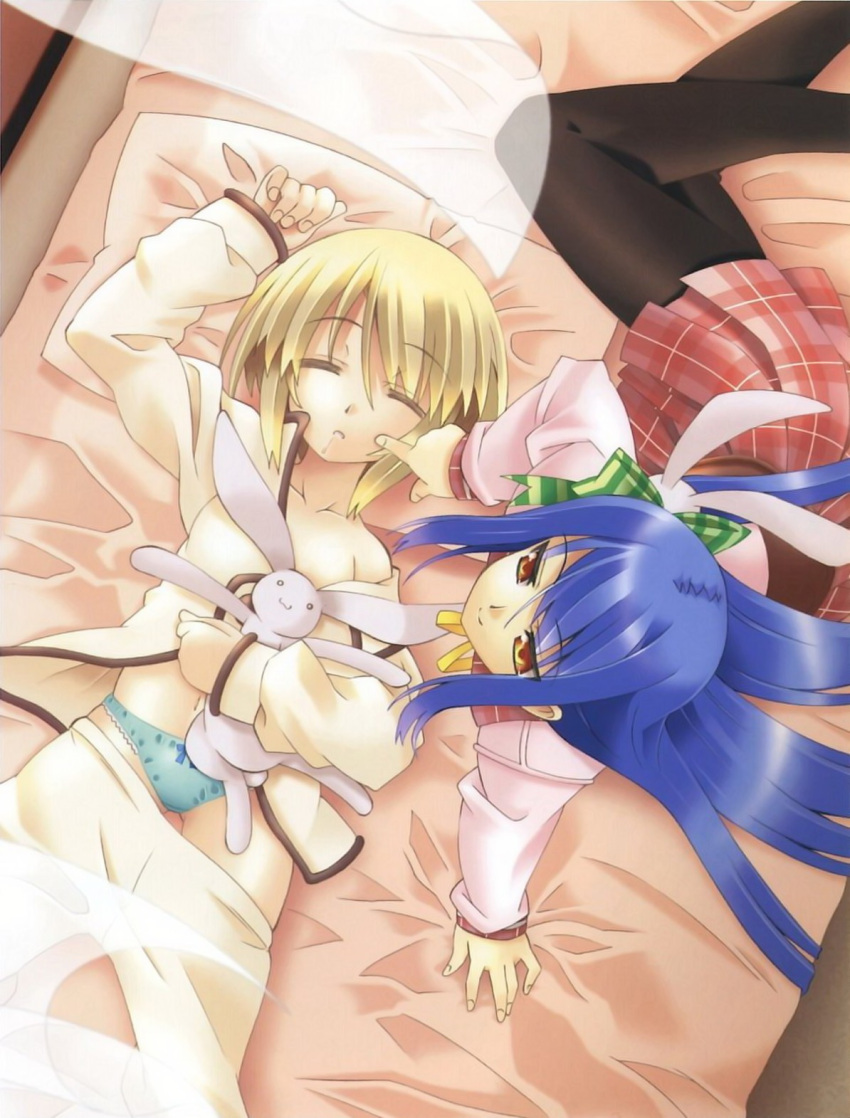 blonde_hair, blue_hair, highres, pajamas, panties, shinoduka_atsuto, shinozuka_atsuto, sleeping