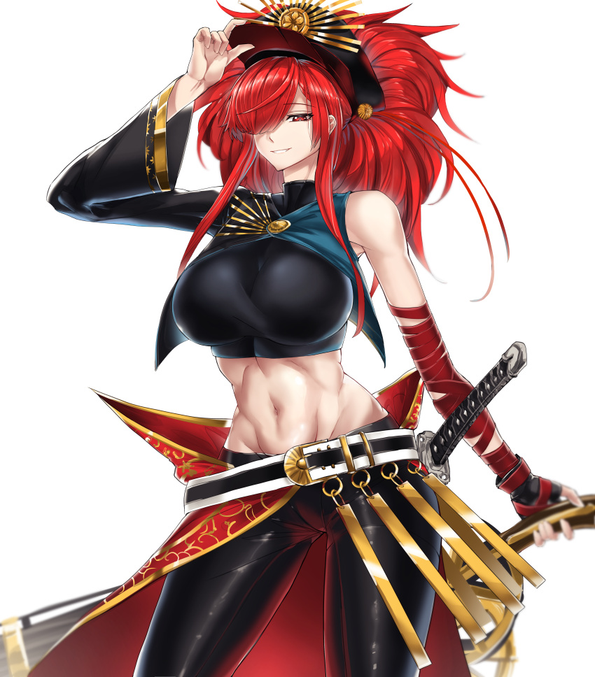1girl, absurdres, belt, breasts, casul, cosplay, fate/grand_order, fate_(series), hair_over_one_eye, hat, highres, huge_filesize, katana, large_breasts, long_hair, midriff, navel, oda_kippoushi_(fate), oda_kippoushi_(fate)_(cosplay), oda_nobunaga_(fate)_(all), oda_nobunaga_(maou_avenger)_(fate), pants, red_eyes, redhead, single_sleeve, smile, sword, weapon, white_background