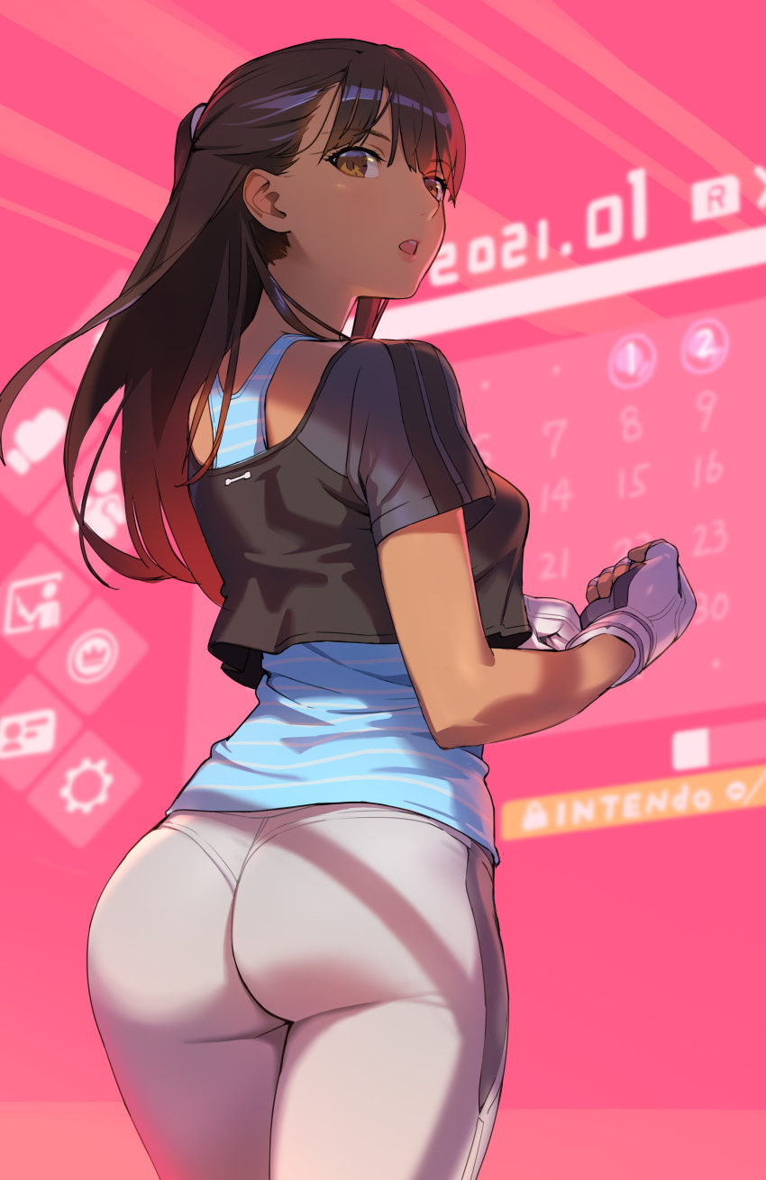 absurdres, ass, bangs, brown_eyes, brown_hair, clenched_hand, commentary_request, crop_top