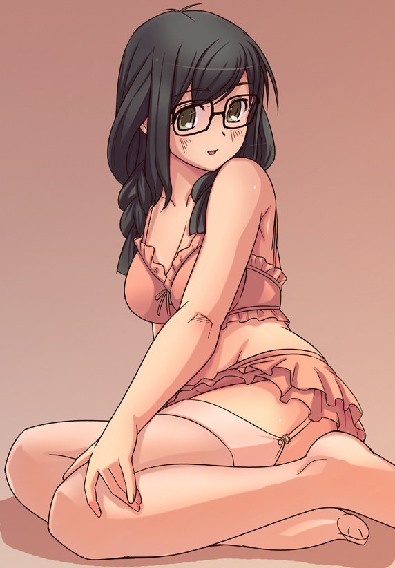 braid, e20, feet, garter_belt, glasses, houzumi_kaede, lingerie, original, panties, stockings, thigh-highs, thighhighs, underwear