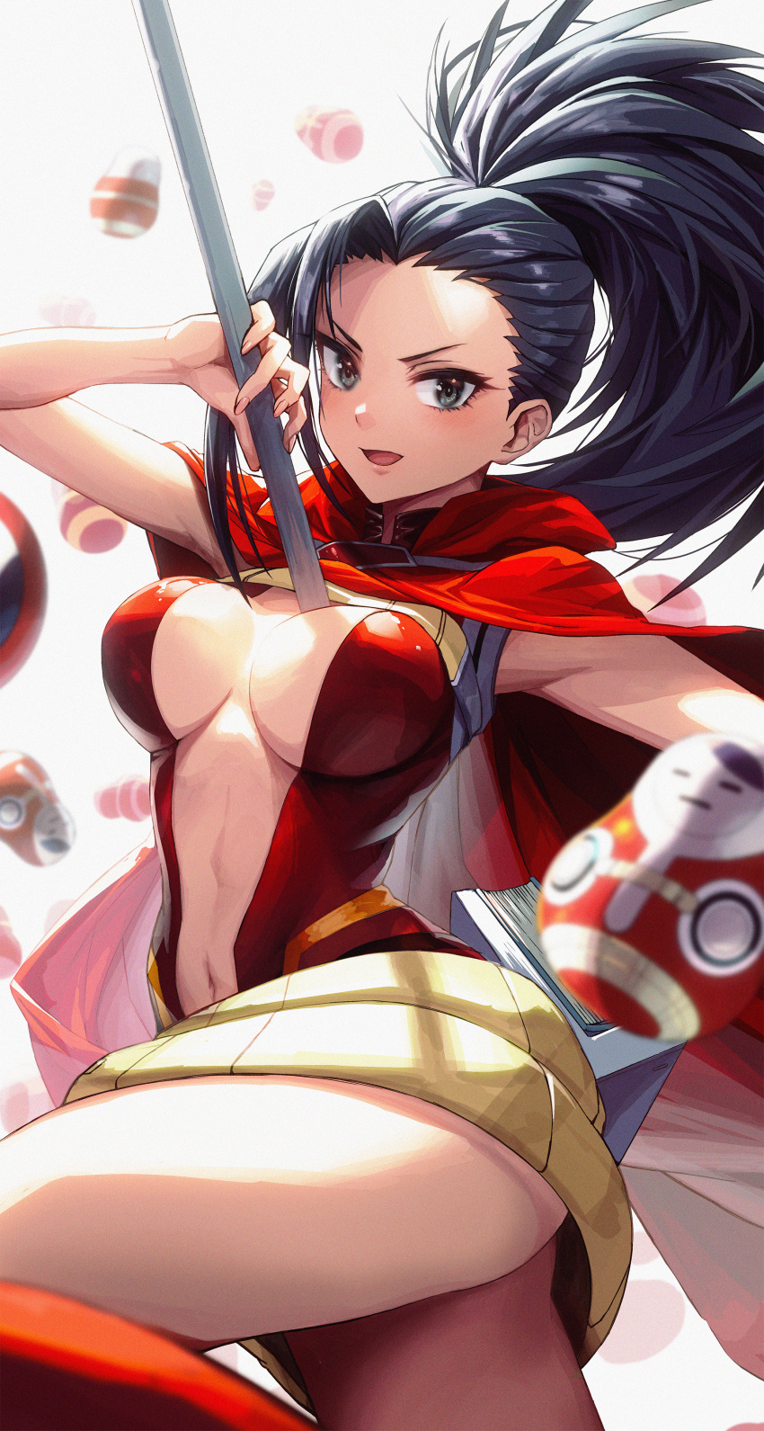 1girl, absurdres, black_eyes, black_hair, boku_no_hero_academia, breasts, cape, center_opening, commentary_request, fingernails, gibagiba, grey_background, hand_on_hip, highres, huge_filesize, large_breasts, looking_at_viewer, navel, open_mouth, ponytail, red_cape, short_hair, smile, solo, thighs, yaoyorozu_momo