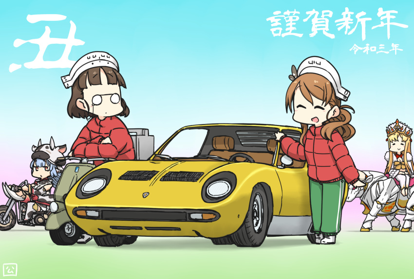 4girls, alternate_costume, animal, animal_hat, animal_print, aqua_hair, bangs, blonde_hair