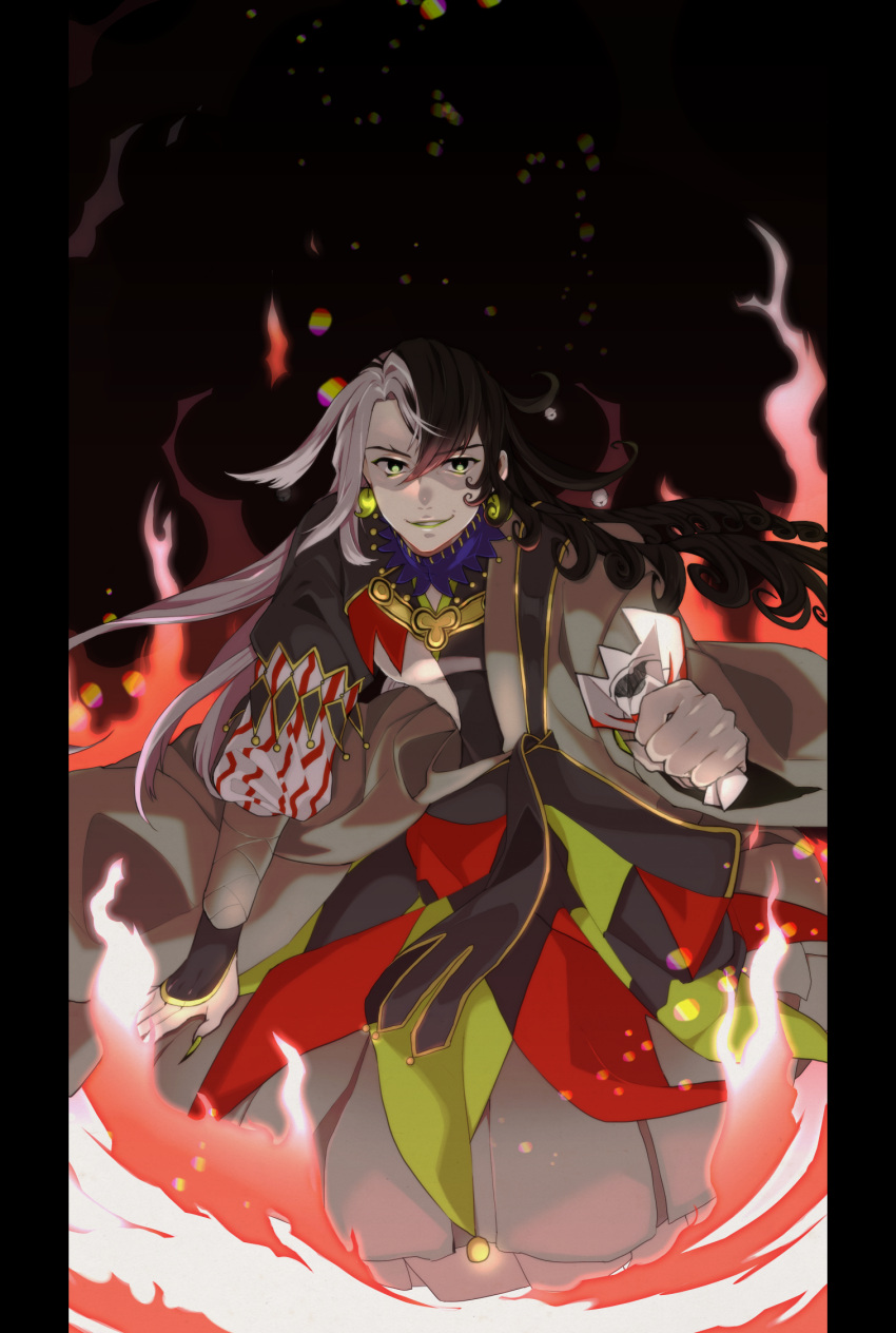 1boy, ashiya_douman_(fate), asymmetrical_clothes, asymmetrical_hair, bell, black_eyes, black_hair, curly_hair