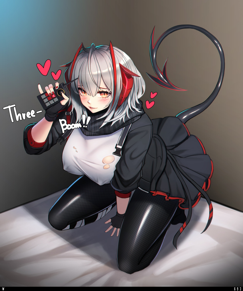1girl, absurdres, ahoge, antennae, arknights, arm_support, bangs, black_gloves, black_jacket, black_legwear, black_scarf, black_skirt, blush, breasts, commentary, controller, covered_nipples, demon_girl, demon_horns, demon_tail, detonator, elbow_gloves, english_commentary, english_text, fingerless_gloves, gloves, grey_shirt, heart, highres, holding, holding_remote_control, horns, indoors, jacket, kneeling, large_breasts, looking_at_viewer, open_clothes, open_jacket, orange_eyes, pantyhose, red_nails, remote_control, scarf, shirt, short_hair, skirt, solo, tail, torn_clothes, torn_shirt, ukoo_(kv7863), w_(arknights)