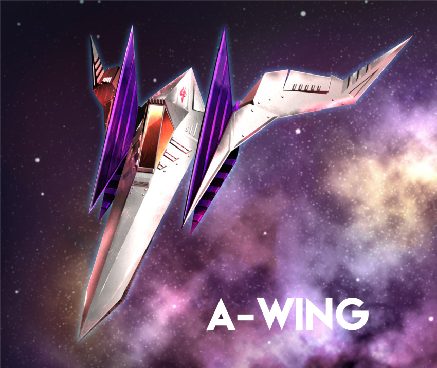 arwing, blue_outline, commentary_request, english_text, highres, logo, namagaki_yukina, no_humans, outline, purple_background, purple_theme, sky, space, space_craft, star_(sky), star_fox, starry_sky, vehicle_focus