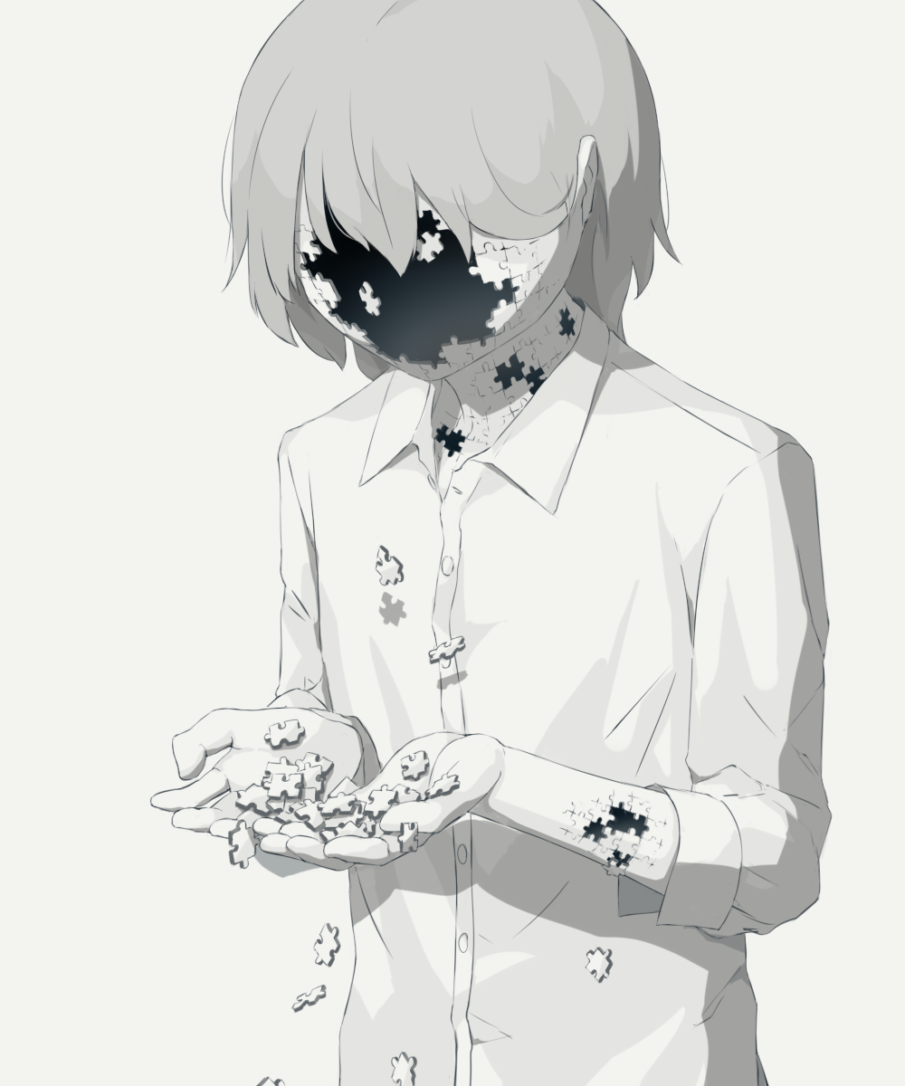 1boy, avogado6, collared_shirt, colored_skin, commentary_request, grey_hair, highres, holding, hole_in_face, hole_in_head, hole_on_body, long_sleeves, male_focus, original, puzzle_piece, shirt, simple_background, solo, white_background, white_shirt, white_skin