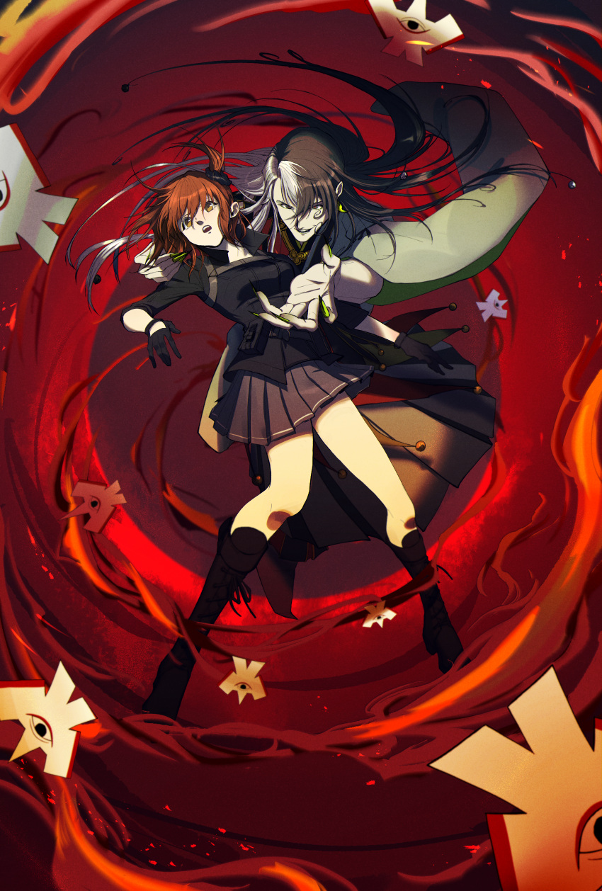 1boy, 1girl, absurdres, ashiya_douman_(fate), asymmetrical_clothes, asymmetrical_hair, bell, black_eyes