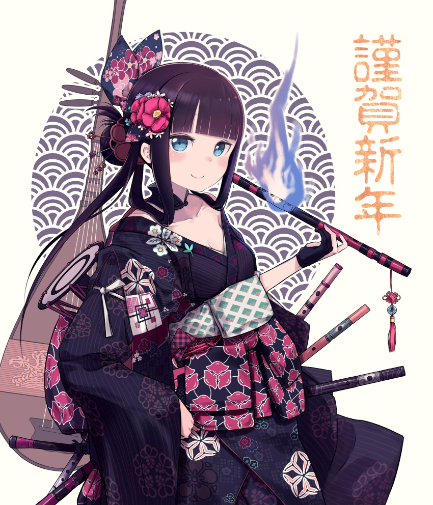 1girl, absurdres, bangs, blue_eyes, blue_fire, blunt_bangs, blush, breasts