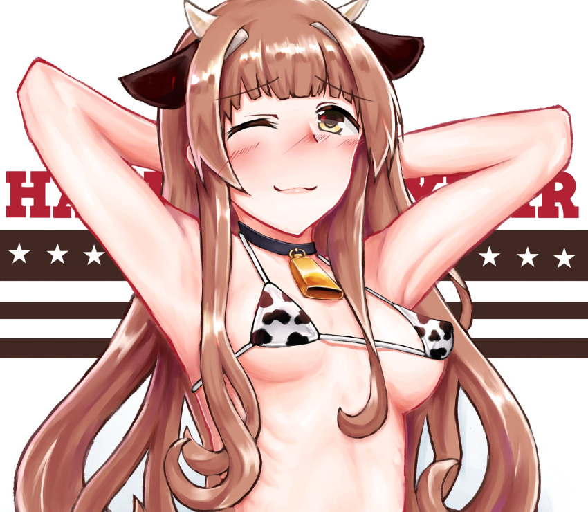 1girl, animal_ears, arms_behind_head, bangs, bell, bikini, blunt_bangs, breasts, brown_eyes, brown_hair, commentary_request, cow_ears, cow_horns, cowbell, embarrassed, facing_viewer, fake_animal_ears, fake_horns, happy_new_year, helena_(kantai_collection), highres, horns, kantai_collection, long_hair, medium_breasts, micro_bikini, new_year, owada_(kousonhuchi), solo, star_(symbol), swimsuit, upper_body, white_bikini
