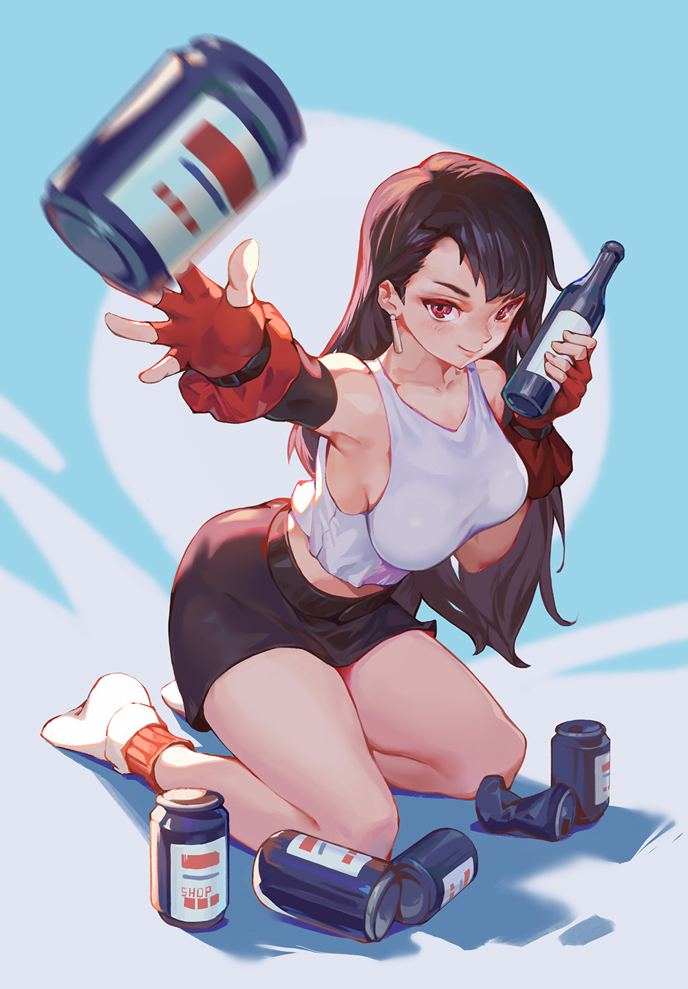 1girl, armpits, bare_shoulders, black_hair, black_skirt, bottle, breasts, can