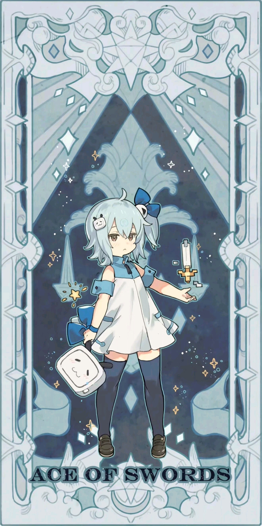 1girl, absurdres, ace_of_swords_(tarot), ahoge, aqua_hair, bangs, bili_girl_33, bilibili_douga, flat_chest, full_body, hair_ornament, highres, short_hair, solo, standing, tarot