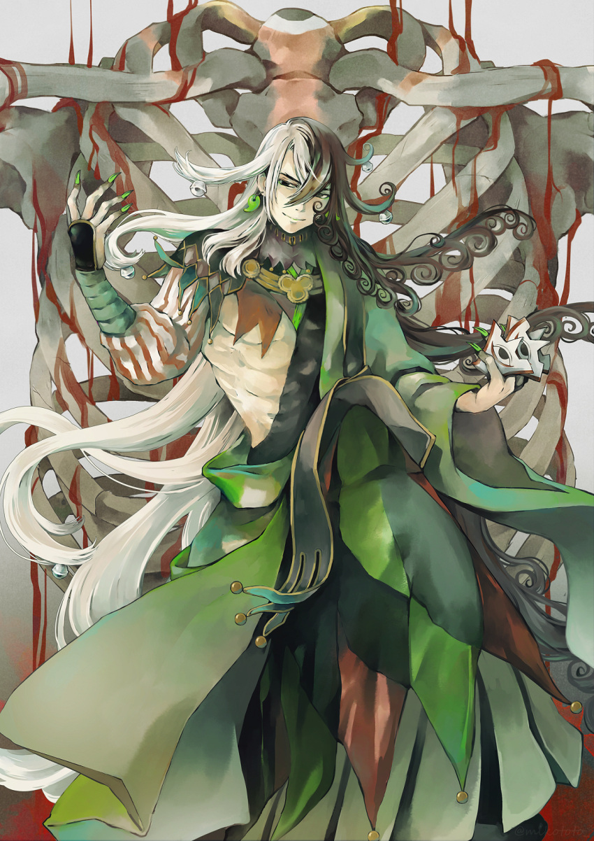 1boy, ashiya_douman_(fate), asymmetrical_clothes, asymmetrical_hair, bell, black_eyes, black_hair, blood, curly_hair, earrings, fate/grand_order, fate_(series), feet_out_of_frame, fingernails, giant, green_eyeshadow, green_kimono, green_lipstick, green_nails, hair_bell, hair_between_eyes, hair_intakes, hair_ornament, highres, japanese_clothes, jewelry, kimono, lipstick, long_hair, magatama, magatama_earrings, makeup, male_focus, multicolored_hair, open_clothes, open_kimono, pool_of_blood, ribbed_sleeves, ribs, sharp_fingernails, shikigami, shuiqin, skeleton, smile, solo, toned, toned_male, two-tone_hair, very_long_fingernails, very_long_hair, white_hair