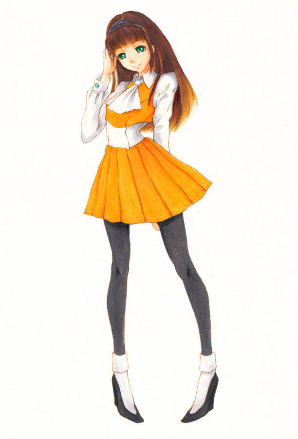 1girl, ascot, bangs, black_hairband, blunt_bangs, brown_hair, collared_shirt, est_(five_star_stories), five_star_stories, green_eyes, hairband, leaning_back, leggings, long_hair, marker_(medium), narakenmin, orange_skirt, shirt, skirt, smile, solo, standing, traditional_media, white_neckwear